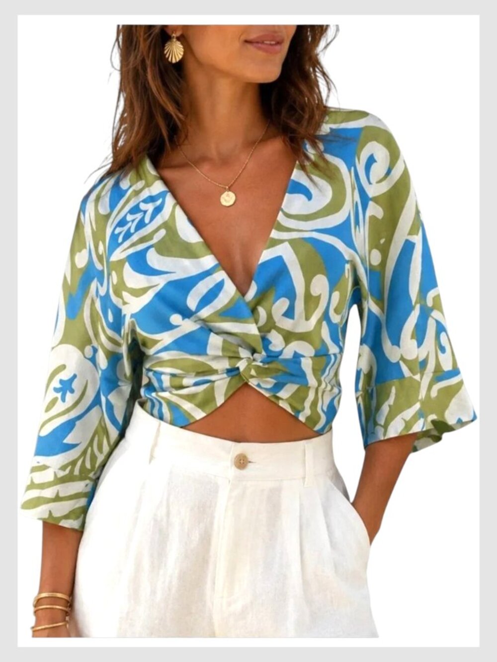 Zara Linen Blend Knot Front Crop Top Blue Green Print XS